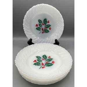 6 Pc Vtg Termocrisa Milk Glass Bowls‎ Holly Berry Design 7.5" Christmas